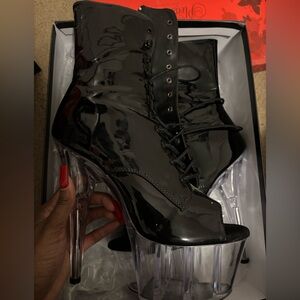 Pleaser Black Patent Boots with Transparent Heels